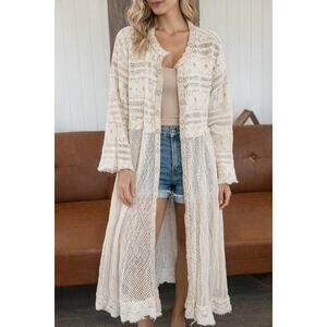 POL Cream Crochet Lace Duster Cardigan Boho Open Knit Long Layering Piece SZ Med